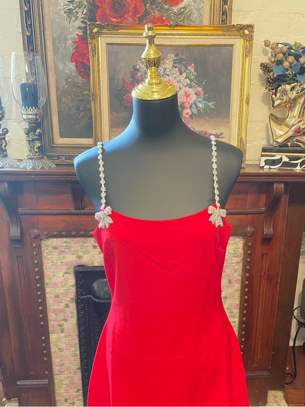 Red Slip Dress with Crystal Bow Straps